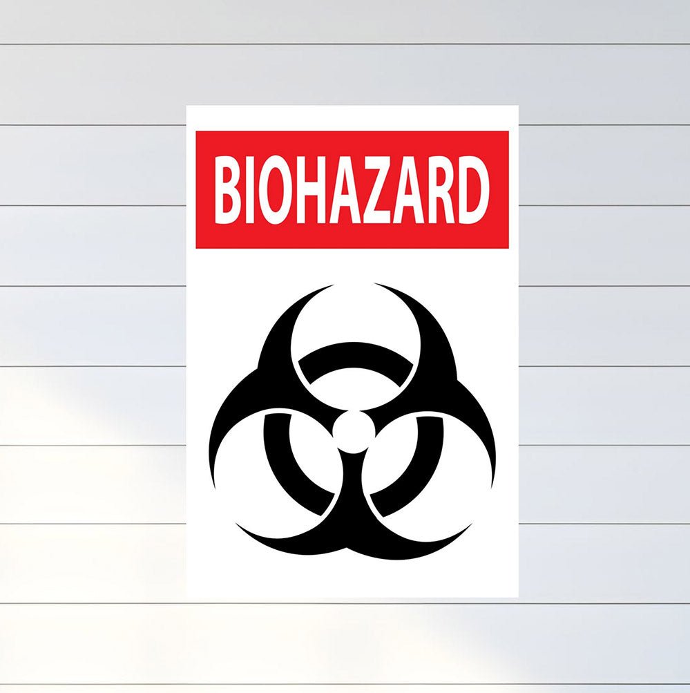 24x36 inch Biohazard Warning Sign Wall Decal Installed on Slatwall