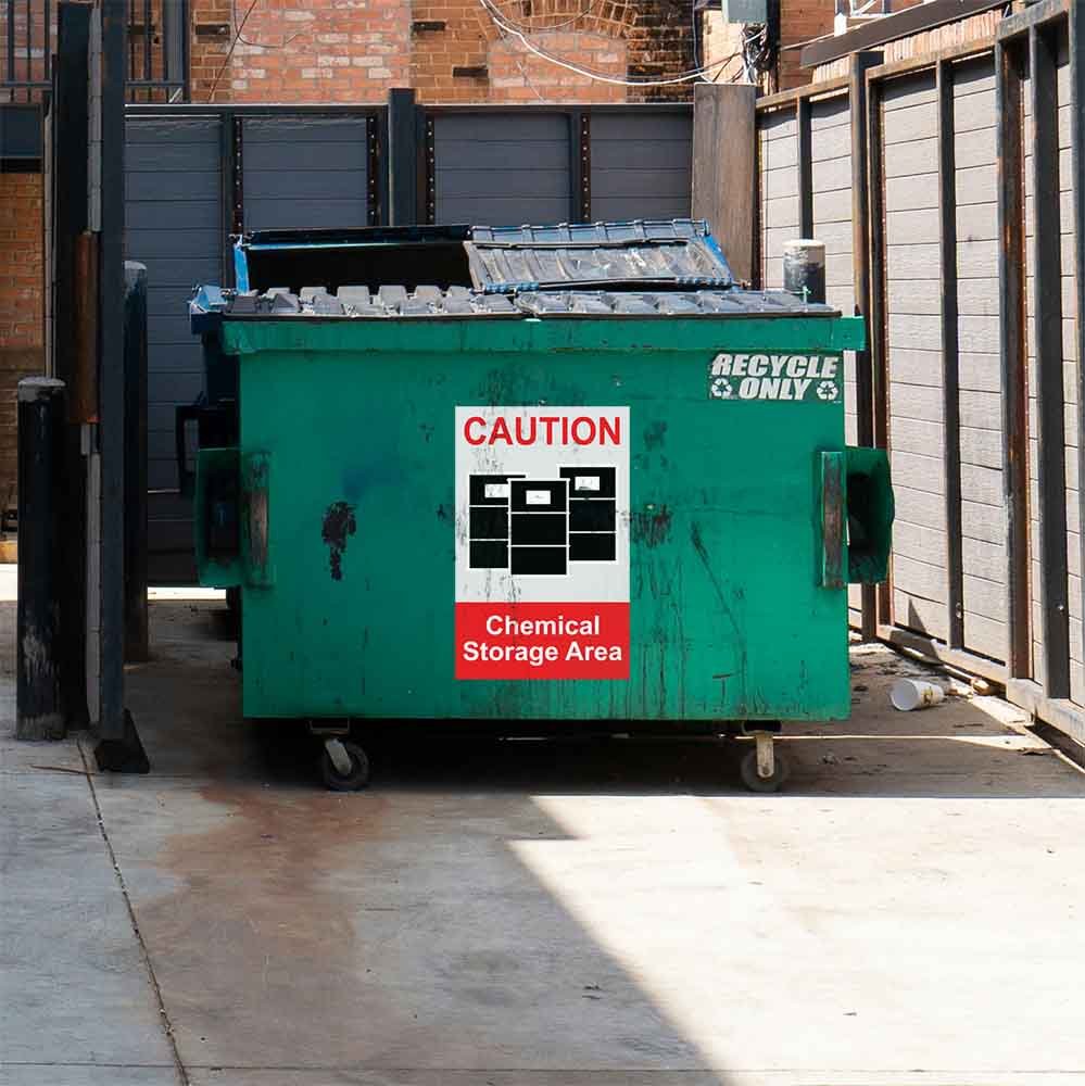 24x36 inch Chemical Storage Sign Wall Decal Installed on Dumpster