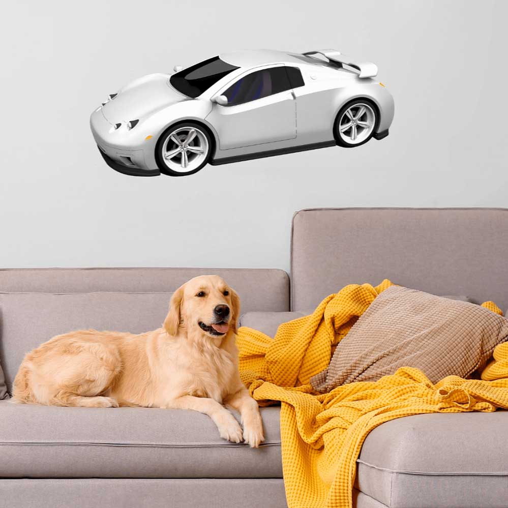 36 inch Concept car decal installed above sofa with dog