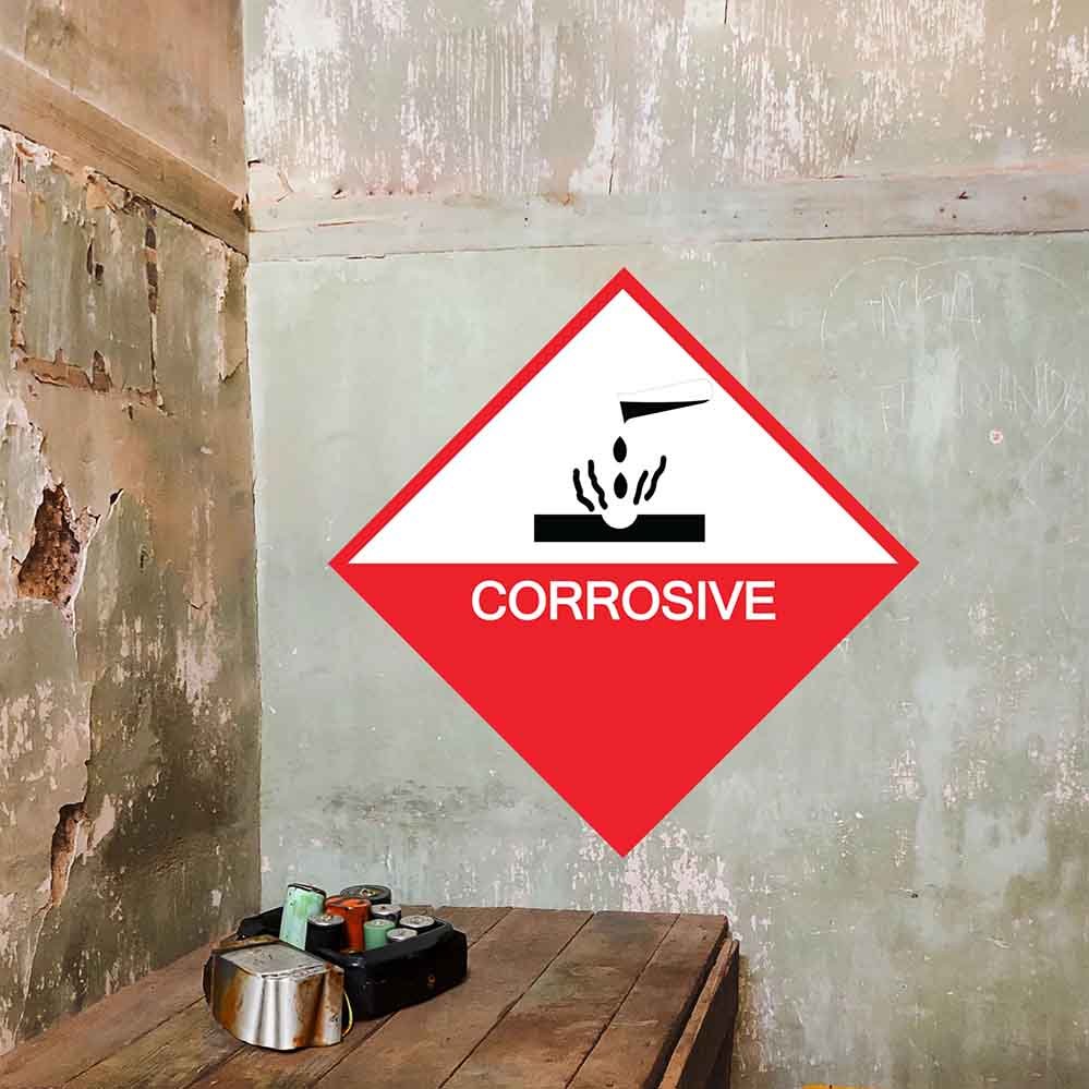 36 inch Corrosive Sign Wall Decal Installed in Workshop