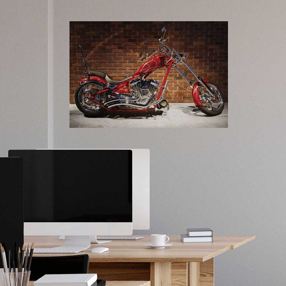 36 inch Red custom motorcycle against a brick wall installed above a modern office desk in the foreground