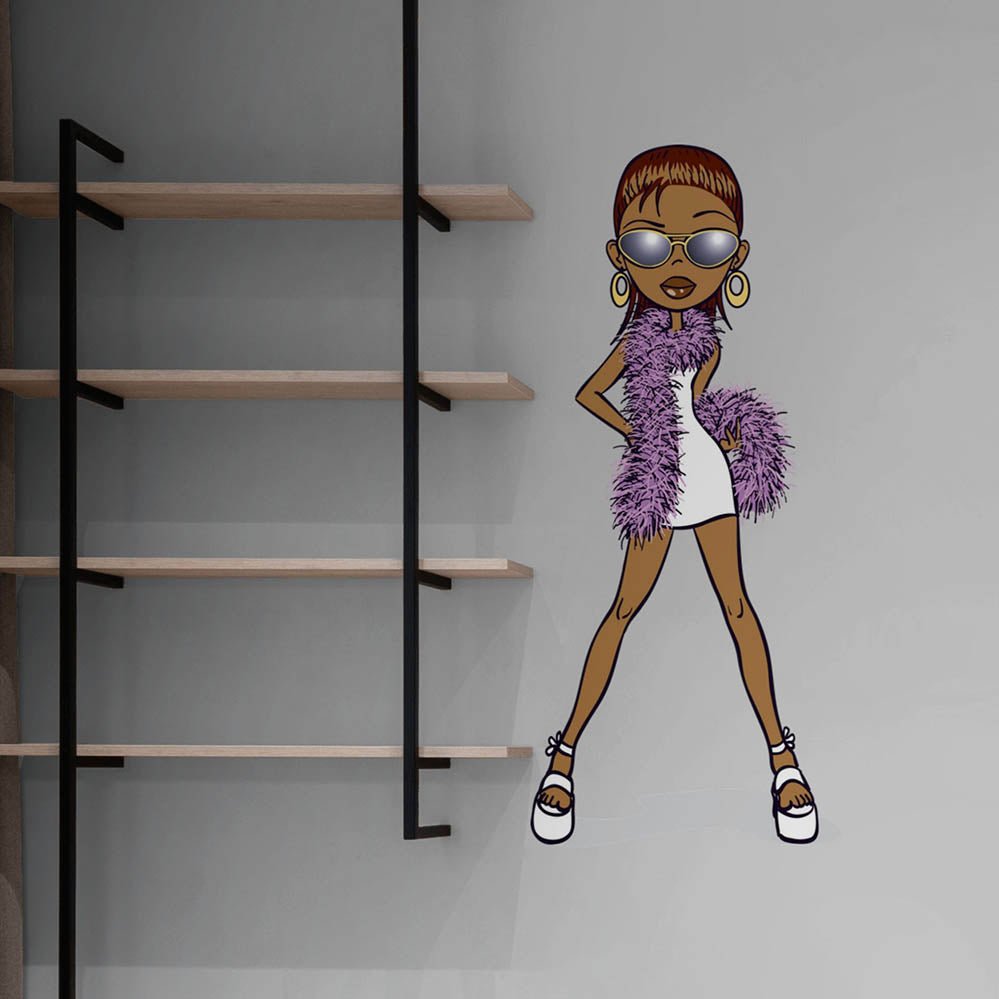 36 inch Diva Brat cartoon character Wall Decal  in a white dress with a purple fur stole installed next to a set of shelves.