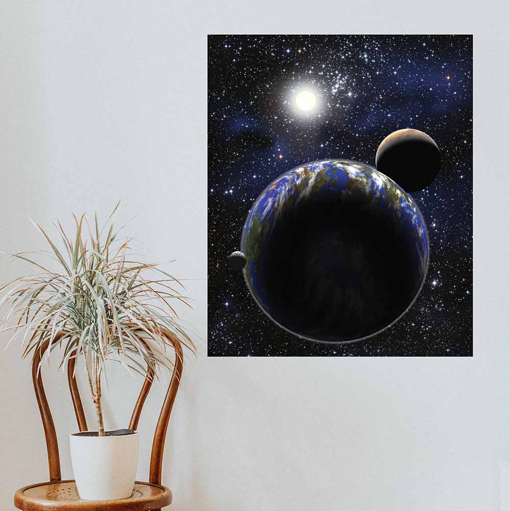 29.5x36 inch Earth, Moon, Mars Alignment Poster Installed by Chair