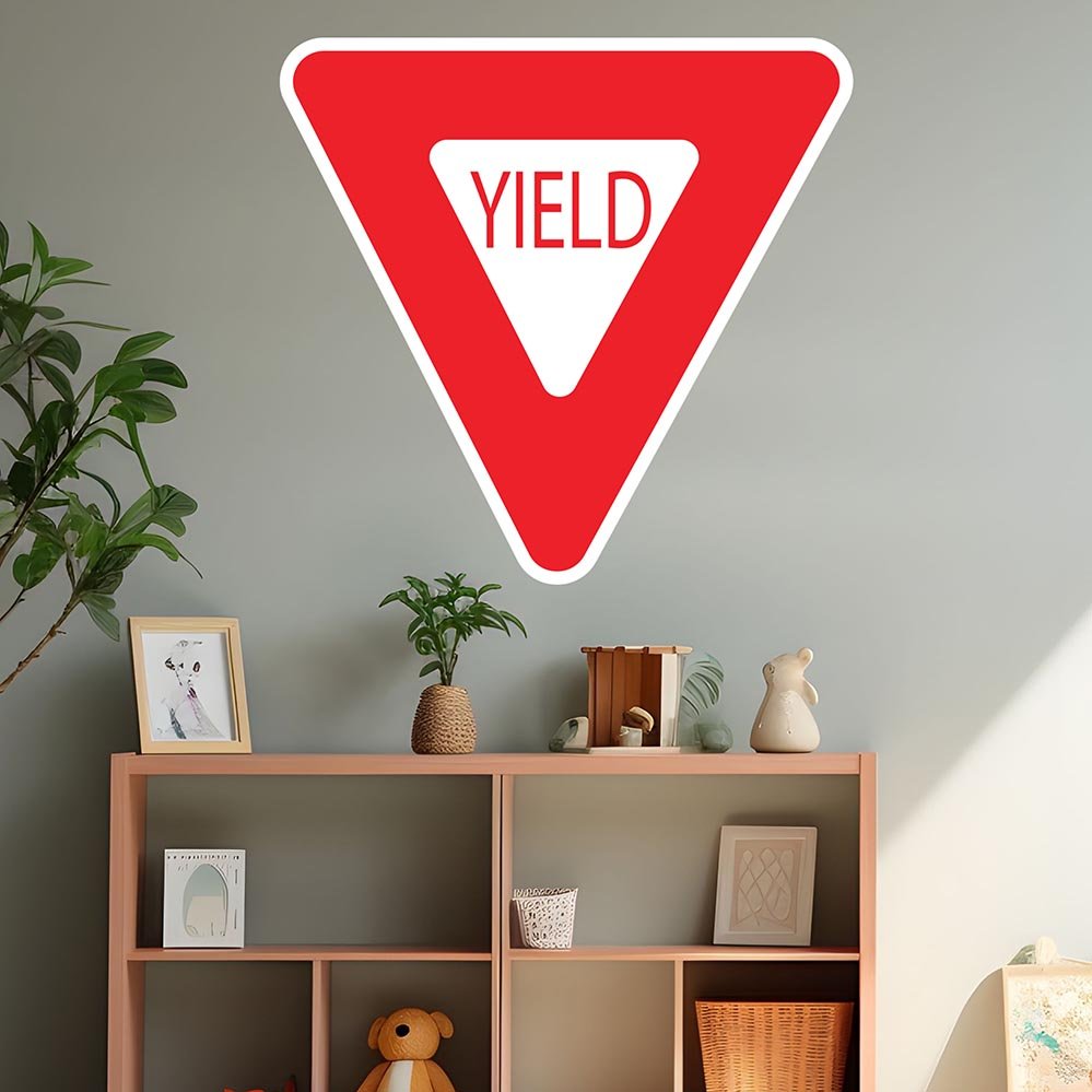36 inch Yield Sign Wall Decal Installed Above Shelving