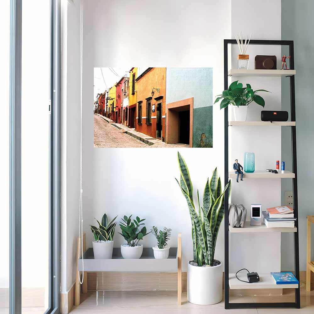 36 inch colorful Mexican street architecture decal installed next to modern black shelf