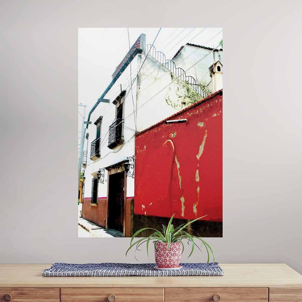 36 inch red and white Mexican House Architecture poster displayed on wall above a counter with plant