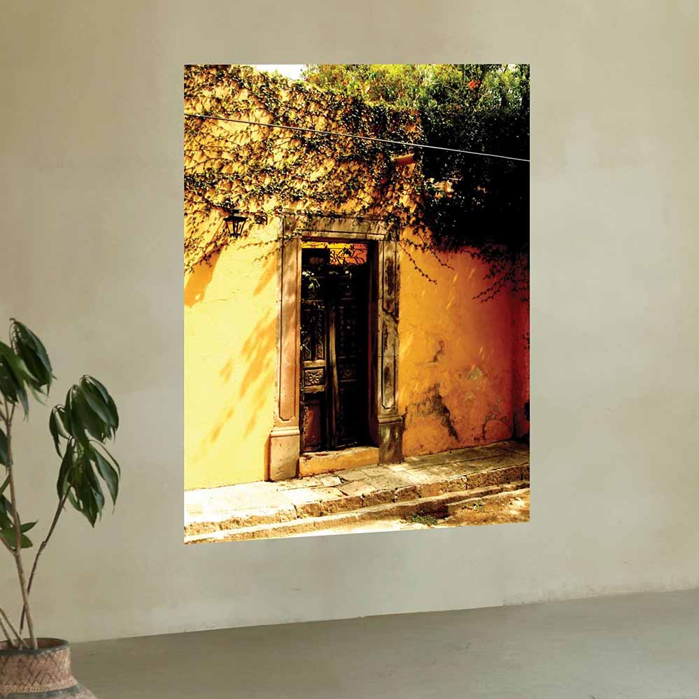 36 inch decorative wall decal of a sunlit Mexican doorway with plants installed on a plain wall.