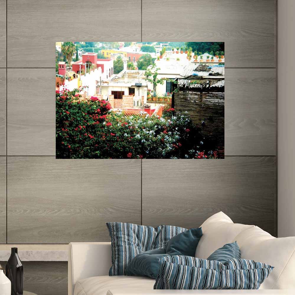 36 inch poster of a rooftop garden on Mexican home looking down over town displayed on wall above couch with blue pillows