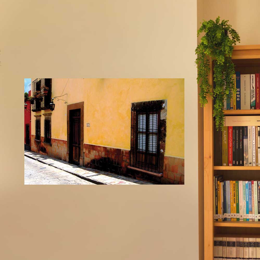 36 inch poster Mexican street and yellow house architecture displayed on wall next to bookcase