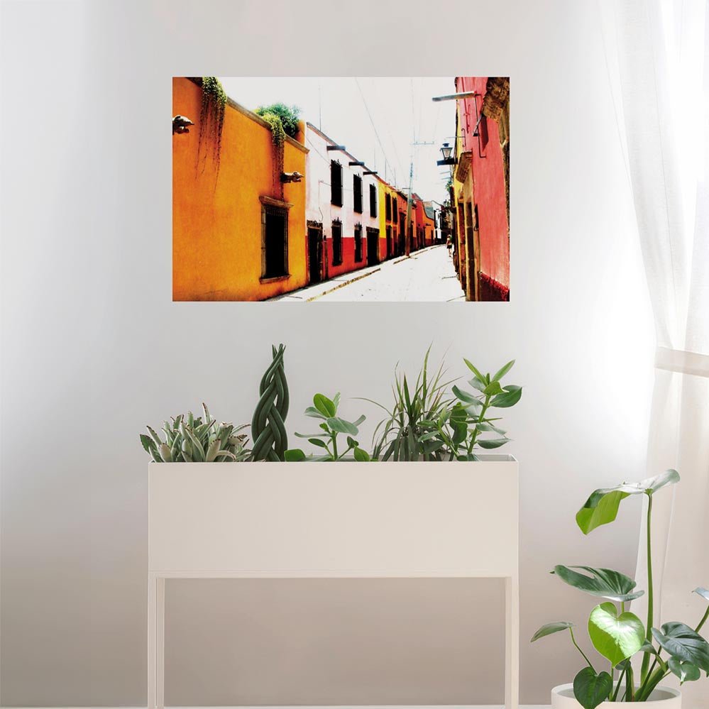 36 inch colorful Mexican street scene wall decal installed on a wall with plants below