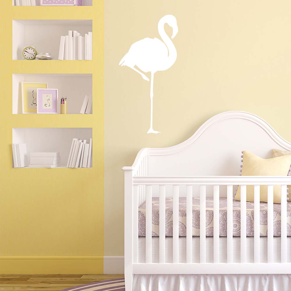 36 inch White Flamingo Silhouette Wall Decal Installed Above Crib
