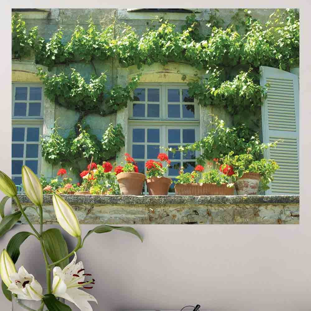 36 inch decal of a floral window box with flowers and plants in front of a building with greenery in Auvillar France.