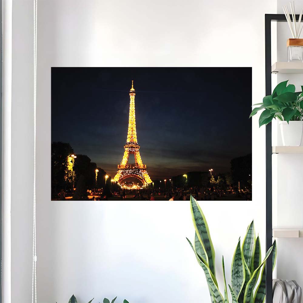 36 inch decal of the illuminated Eiffel Tower at nigh against a dark sky installed on a wall above some large plants