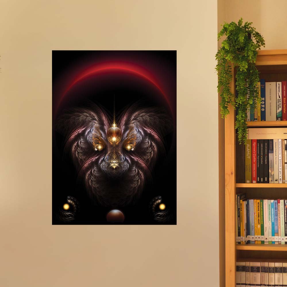 36 inch poster of fractal fantasy art of a dog with glowing eyes and a red arc in the background emerging form the dark displayed on  beige wall next to bookcase