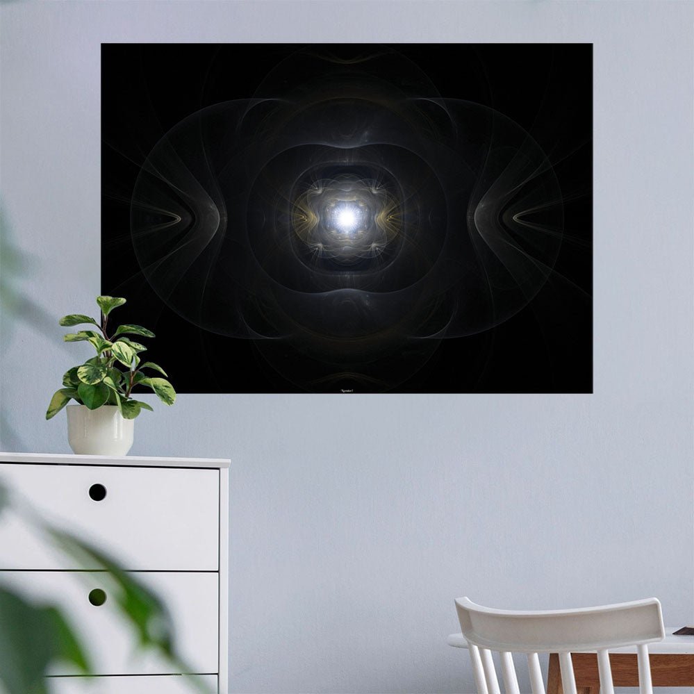 36 inch decal of abstract fractal art of a primordial relic emanating light from its heart installed on a wall above a dresser with plant on it