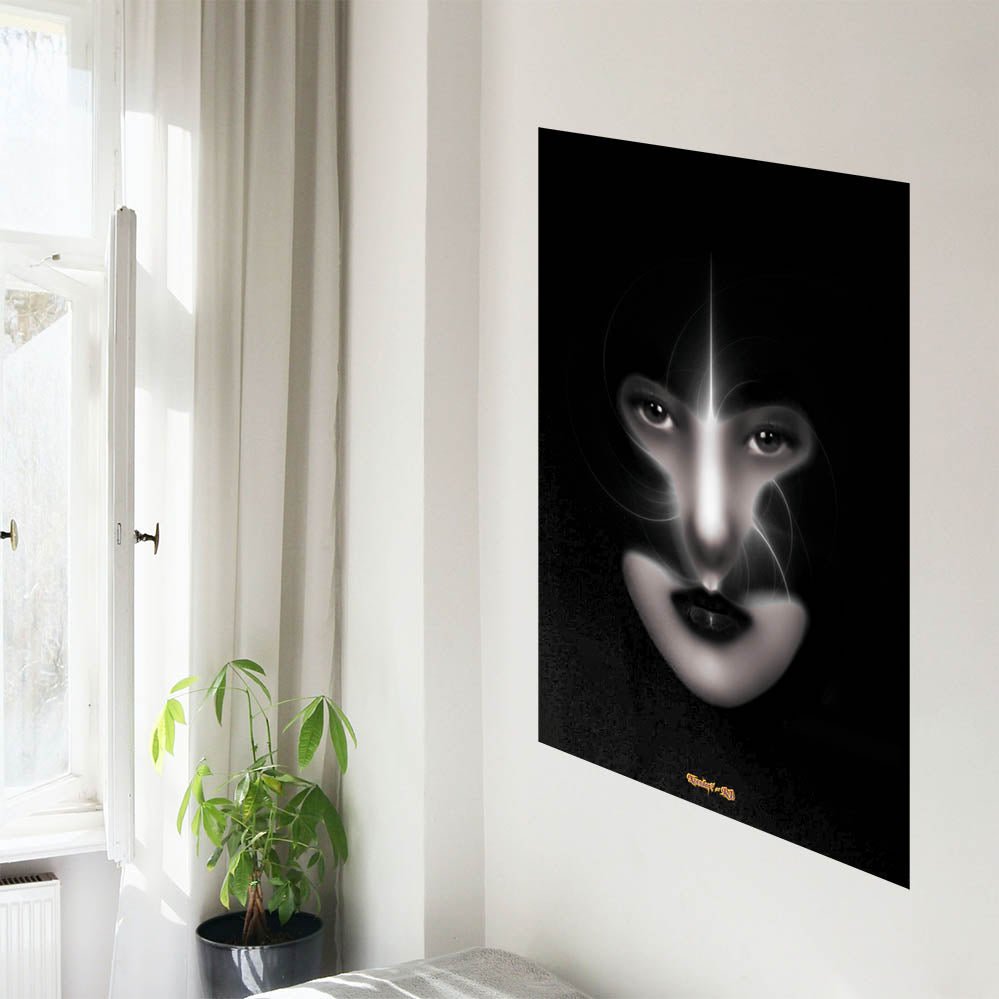 36 inch decal of fantasy fractal art of a womans face shadowed by her helmet with swirling white light displayed on a wall next to window and plant
