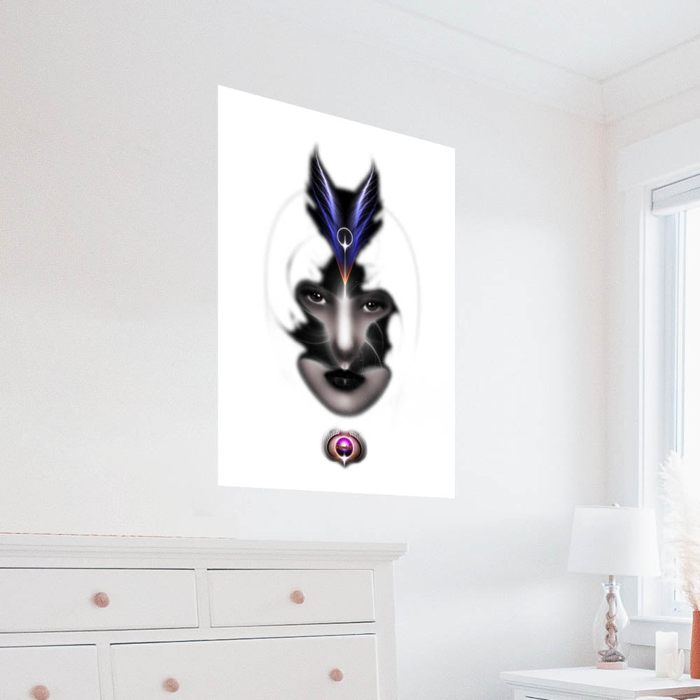 36 inch decal of an artistic depiction of a mystic woman wearing a feather headpiece installed on a white wall above a dresser