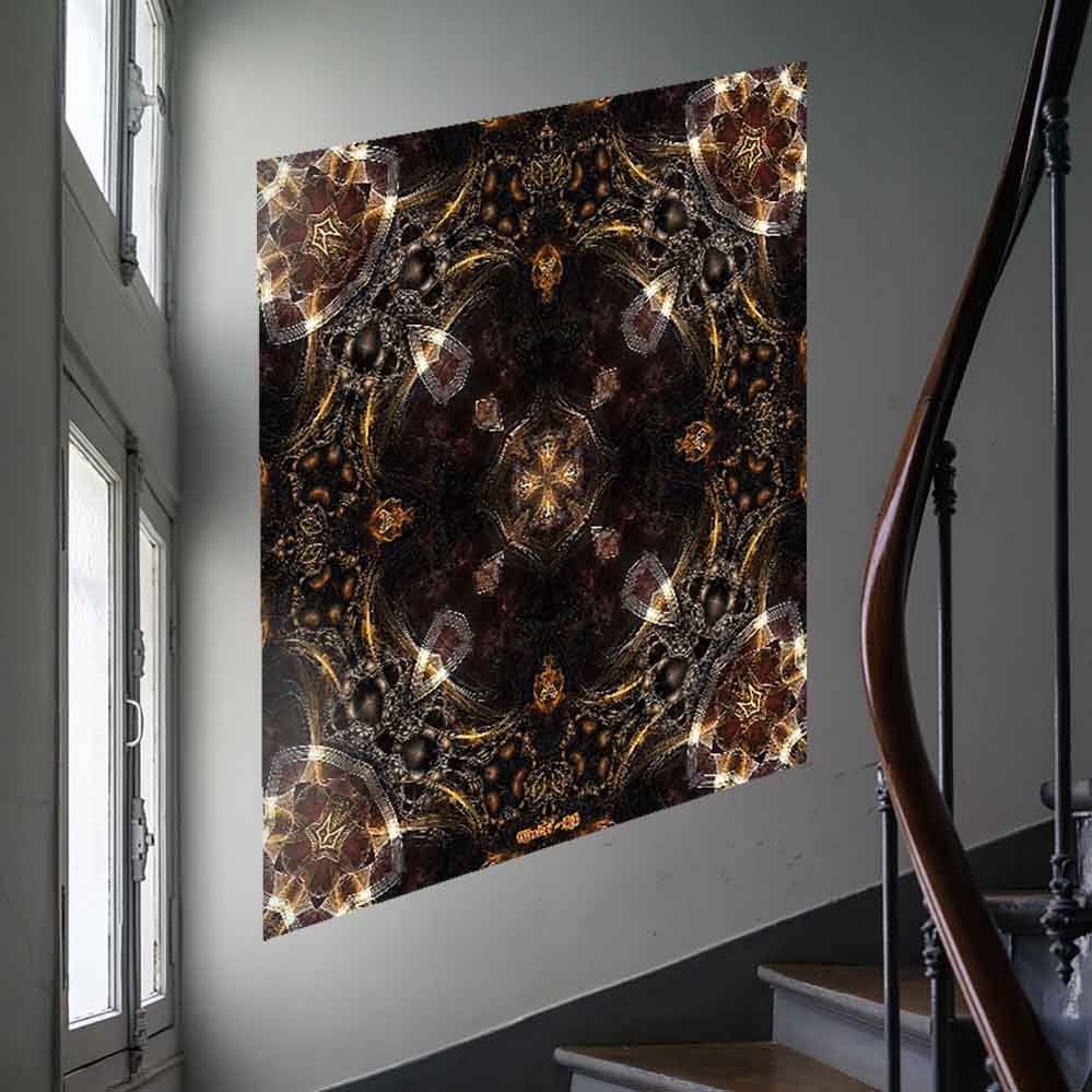 36 inch poster of a decorative gold, brown and bronze kaleidoscope pattern with intricate designs and symmetrical arrangement on a dark background displayed on wall along staircase