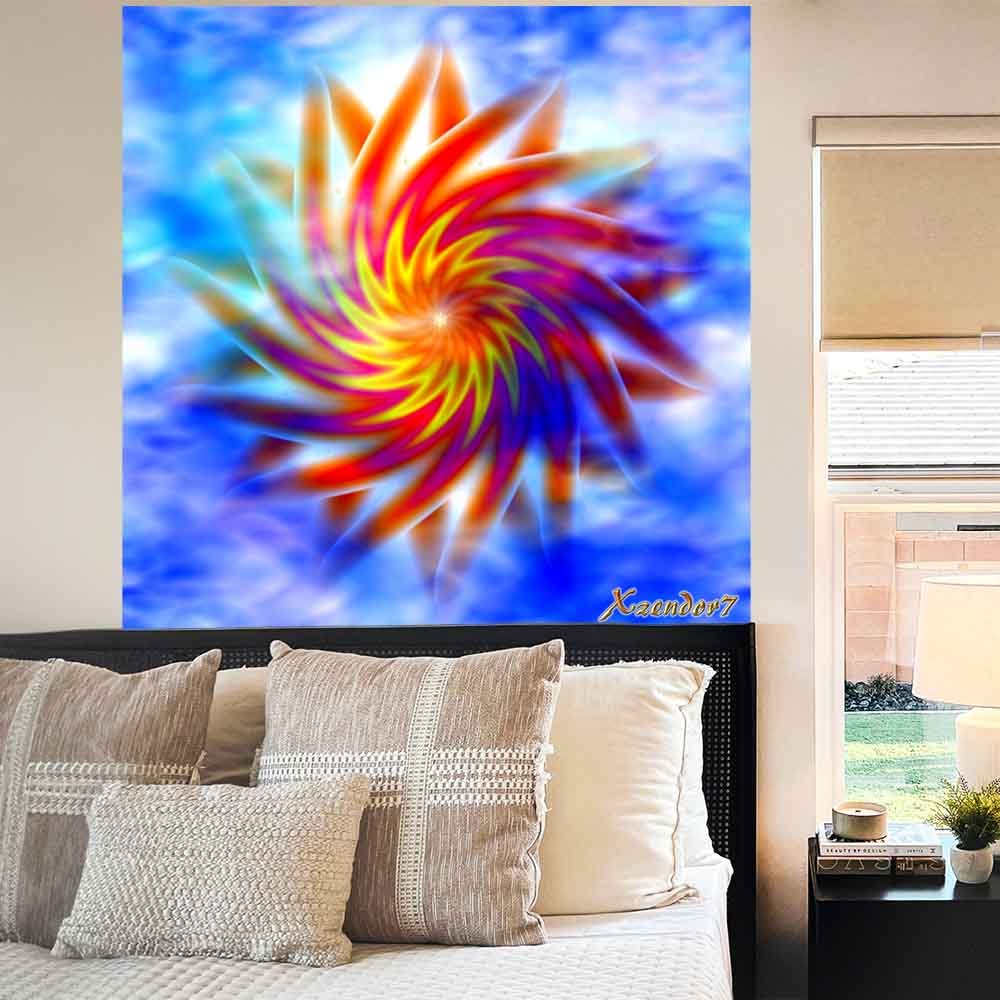 48 inch decal of fractal art of a magenta, red and yellow twirling sun against a bright blue cloudy background installed on a wall above the headboard of a bed