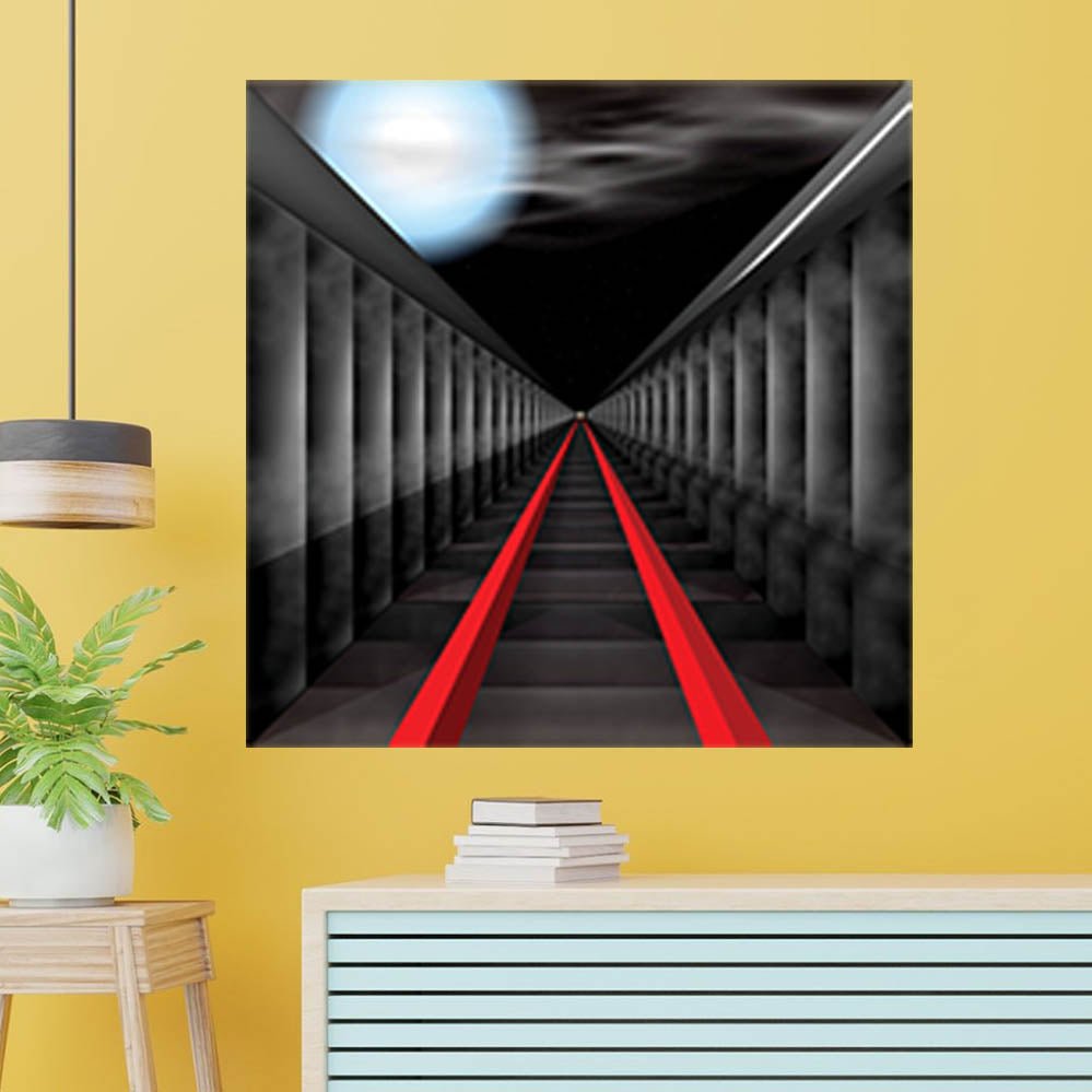 36 inch poster of an abstract tunnel with red rail lines extending into the distance toward a glowing light displayed on a wall above a counter with a stack of books
