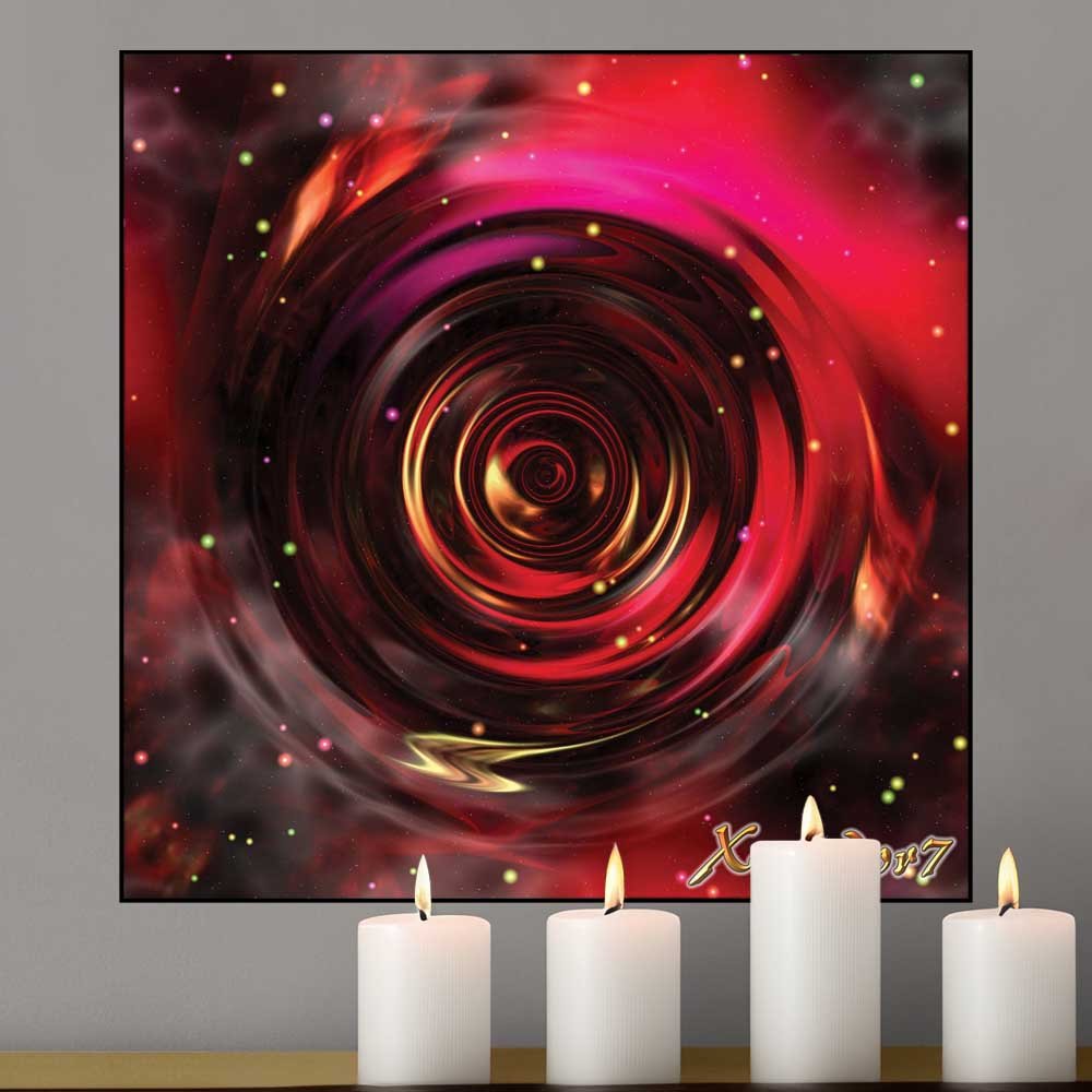 36 inch poster of an abstract red, gold  and black space vortex spiral gloss poster displayed on a gray wall above some lit candles