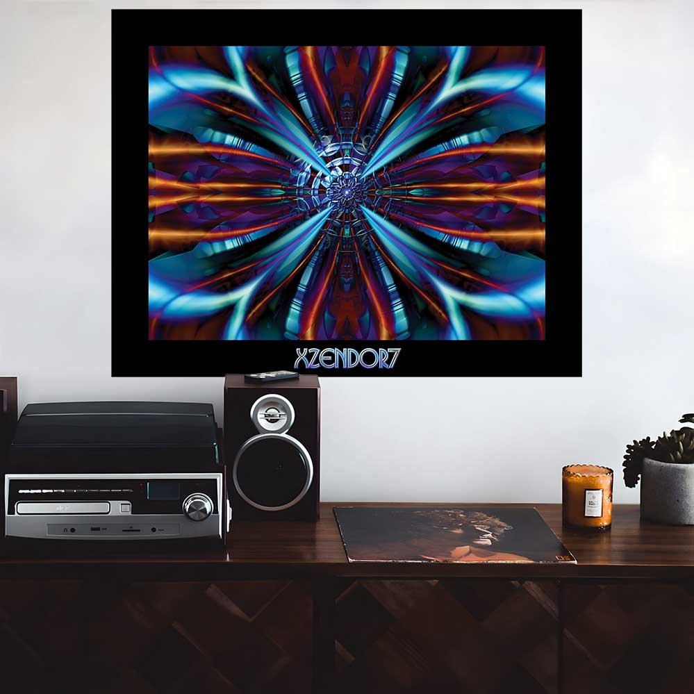 36 inch poster of fractal art of a symmetrical kaleidoscope of blues, purples and oranges that evokes shimmering wings  installed on wall above cabinet and stereo