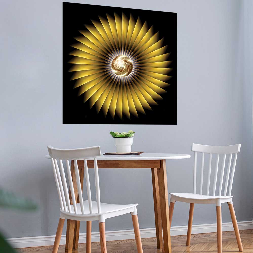 36 inch poster of a central golden sphere, swirling with intricate detail, surrounded by a dazzling halo of sharp, metallic rays, evoking the brilliance of a digital sunburst displayed on a wall above a small dining table and chairs