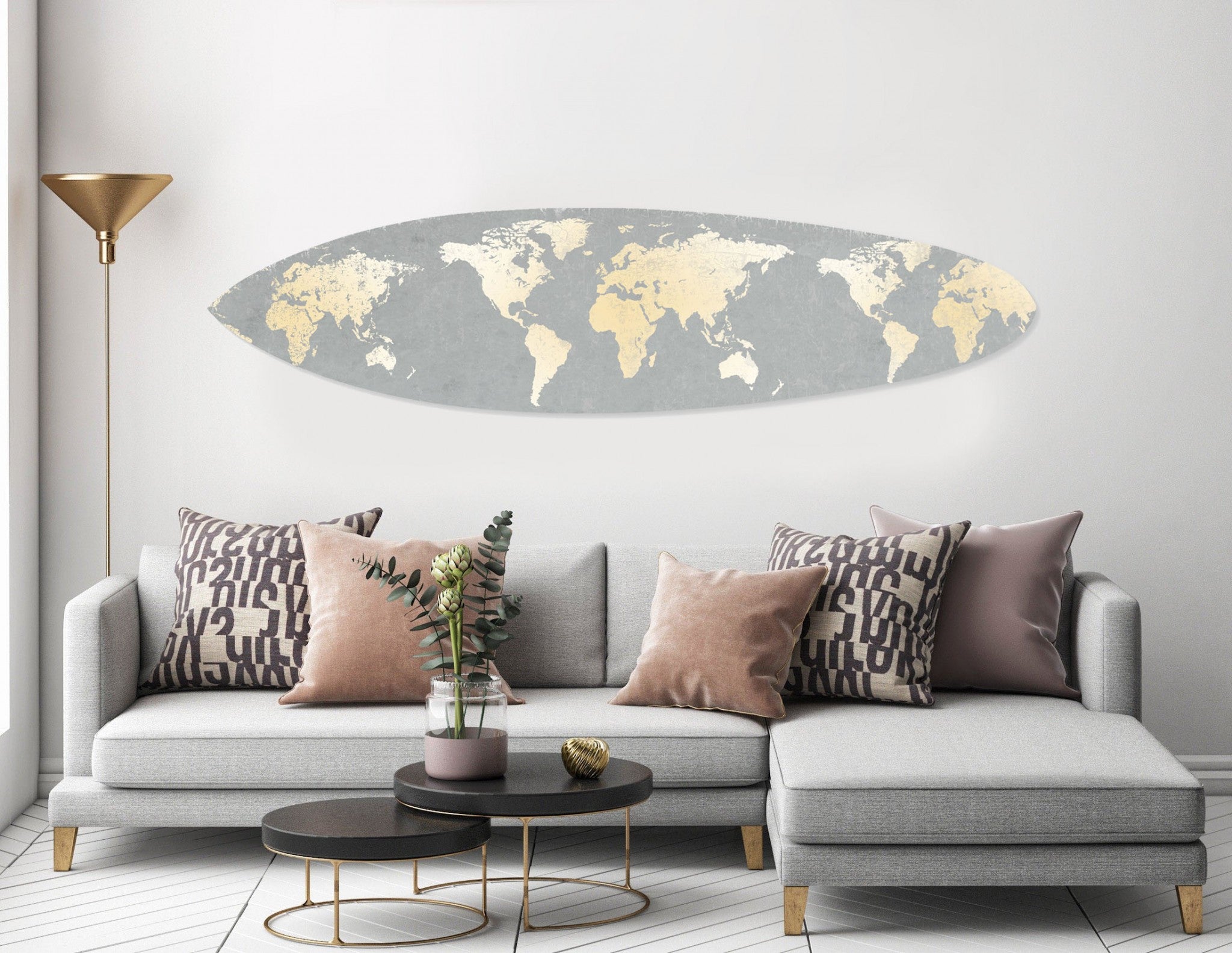 Grey And Gold World Map Surfboard Wall Art | 18