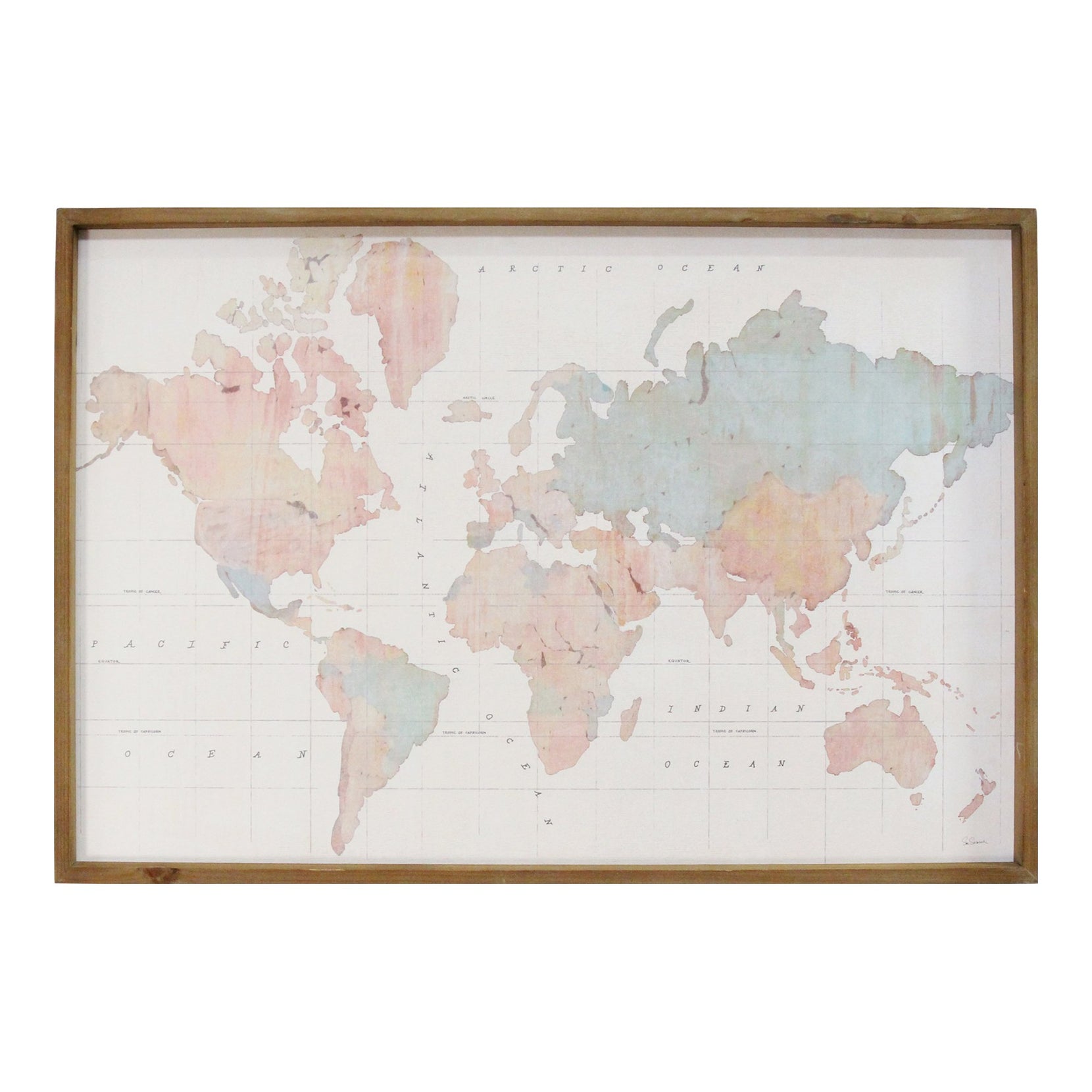 Watercolor World Map Wood Framed Wall Art | 30