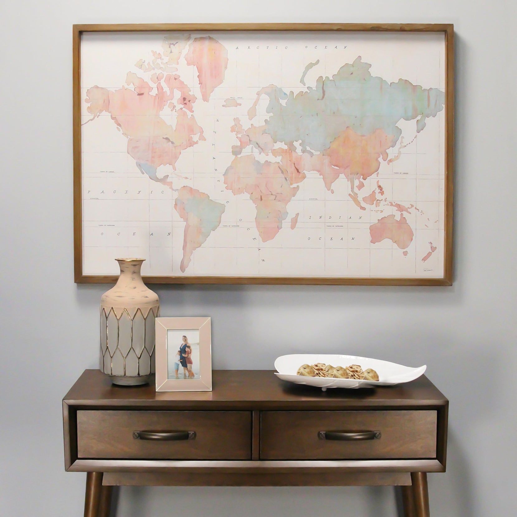 Watercolor World Map Wood Framed Wall Art | 30