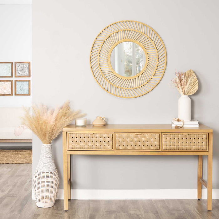 31.5" Boho Casual Woven Rattan Wall Mirror