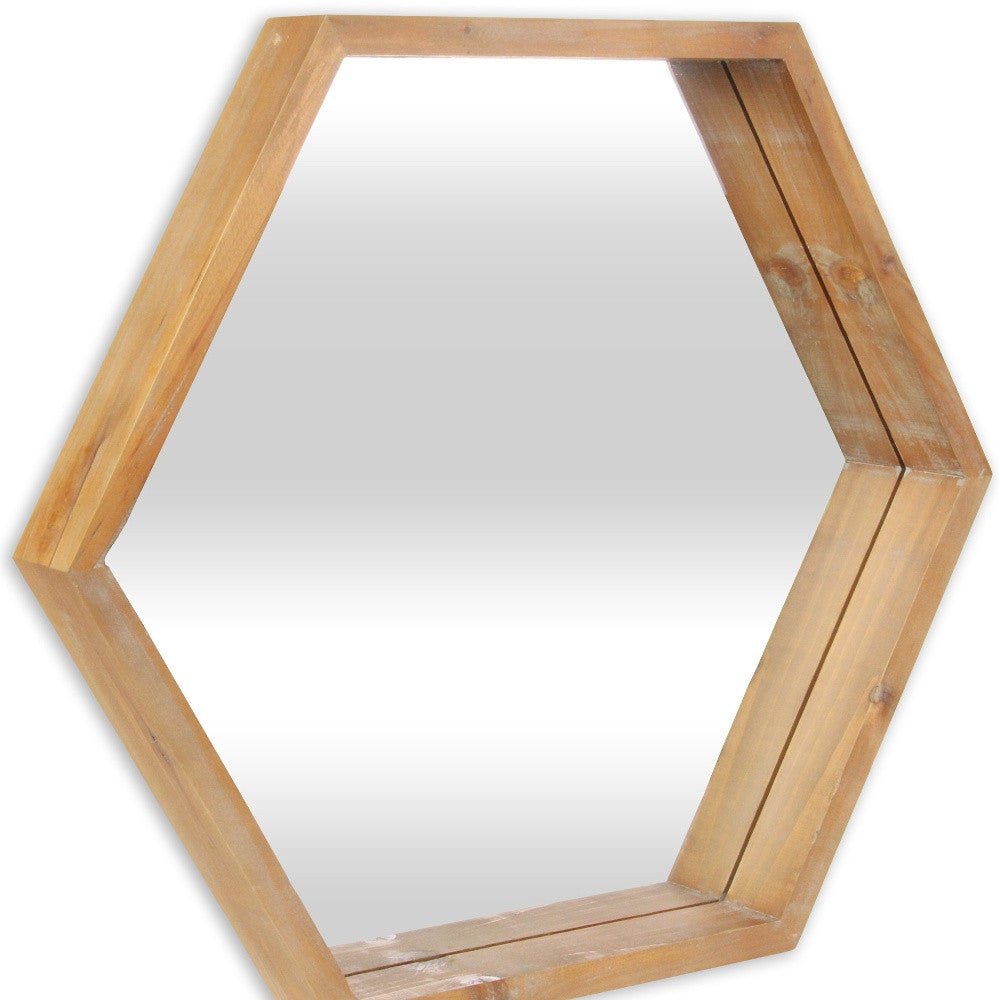 Modern Natural Wood Finish Hexagonal Wall Mirror | 20.5