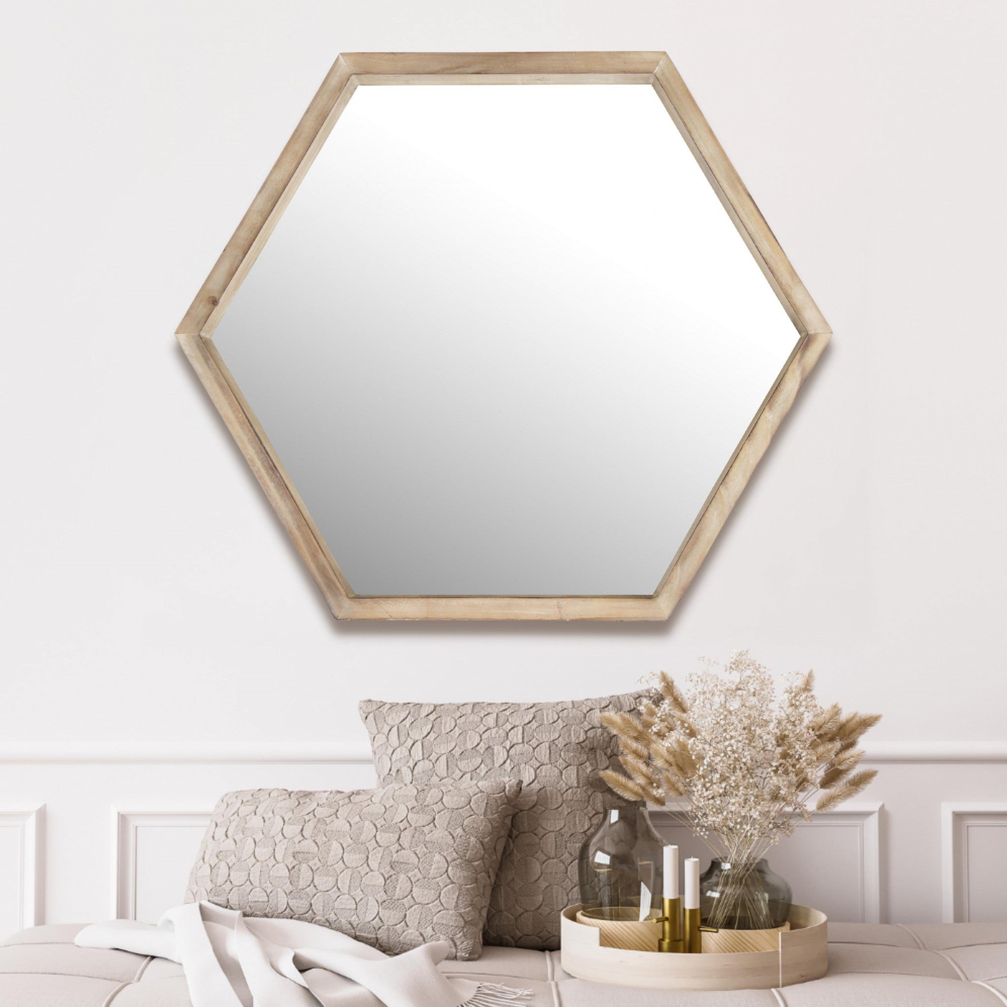 Modern Natural Wood Finish Hexagonal Wall Mirror | 20.5