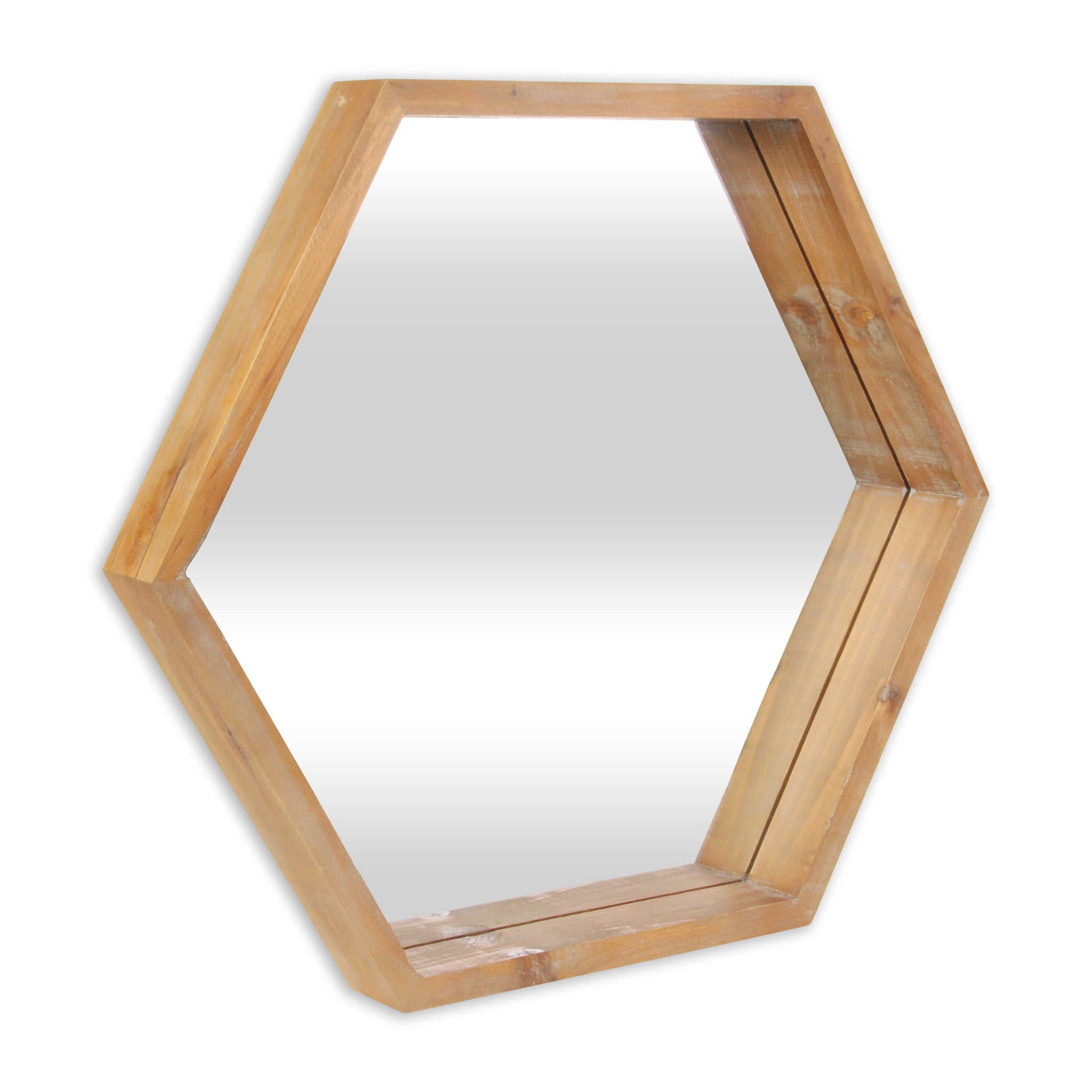 Modern Natural Wood Finish Hexagonal Wall Mirror | 20.5