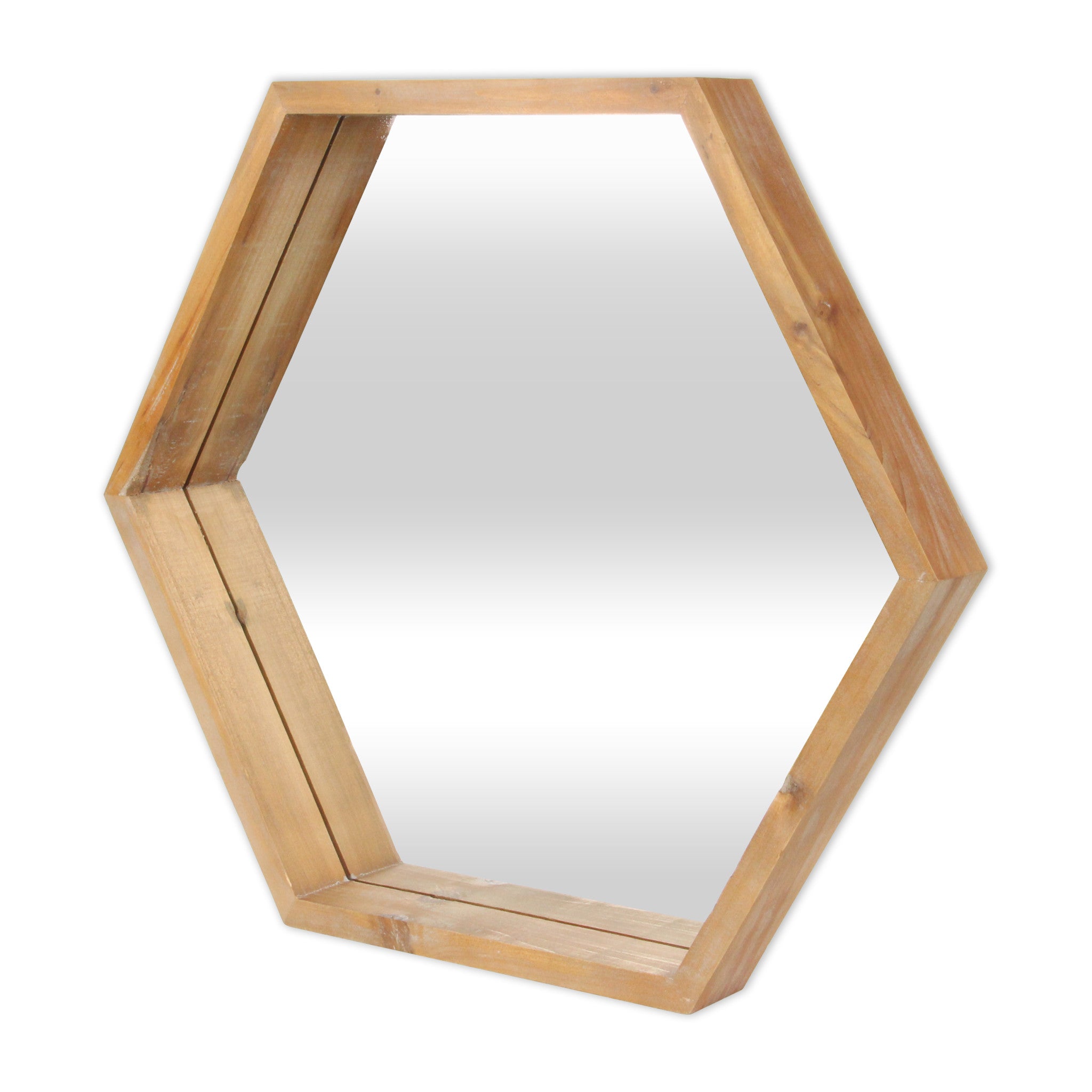 Modern Natural Wood Finish Hexagonal Wall Mirror | 20.5