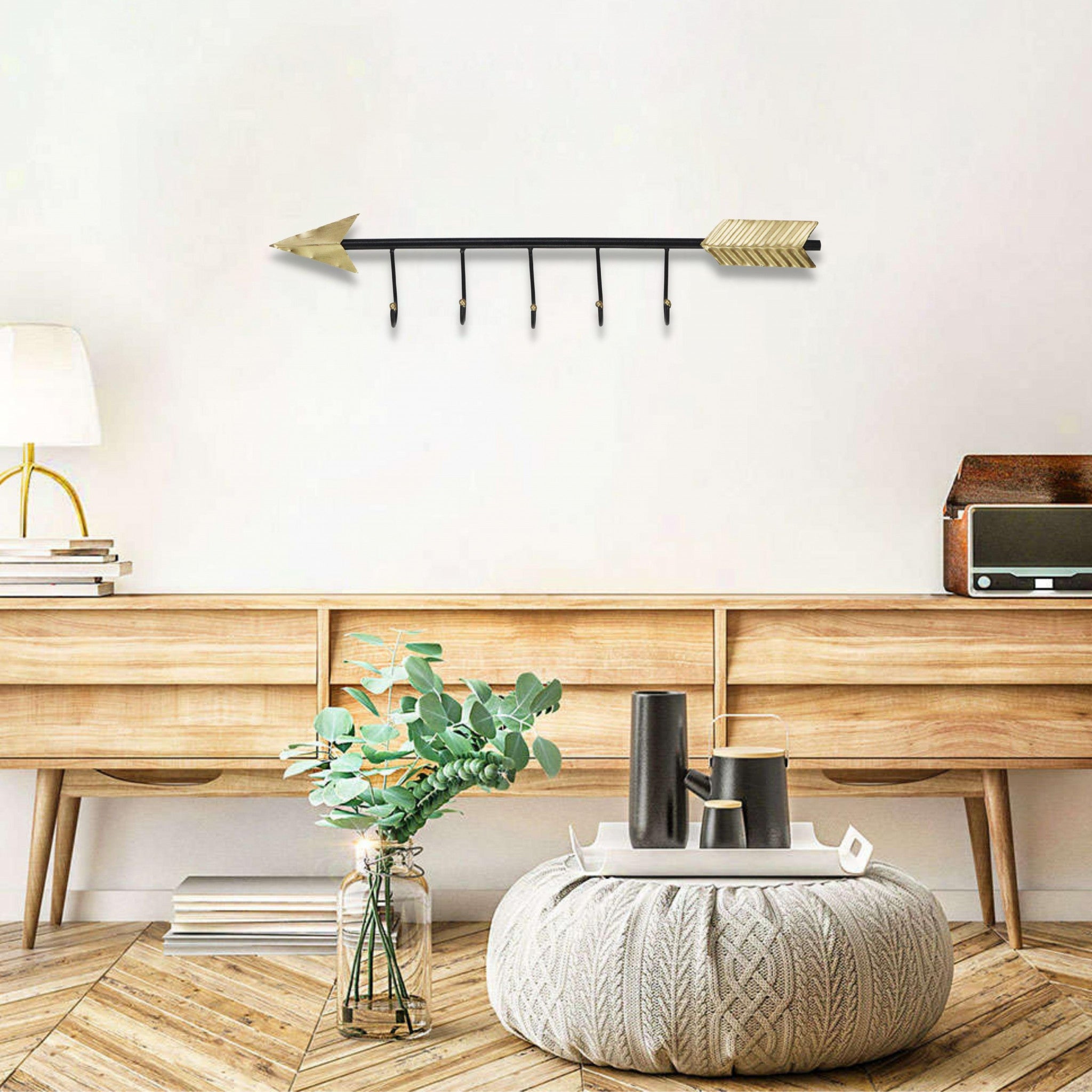 Black And Gold Metal Arrow Design Wall Decor With 5 Hanging Hooks | 5