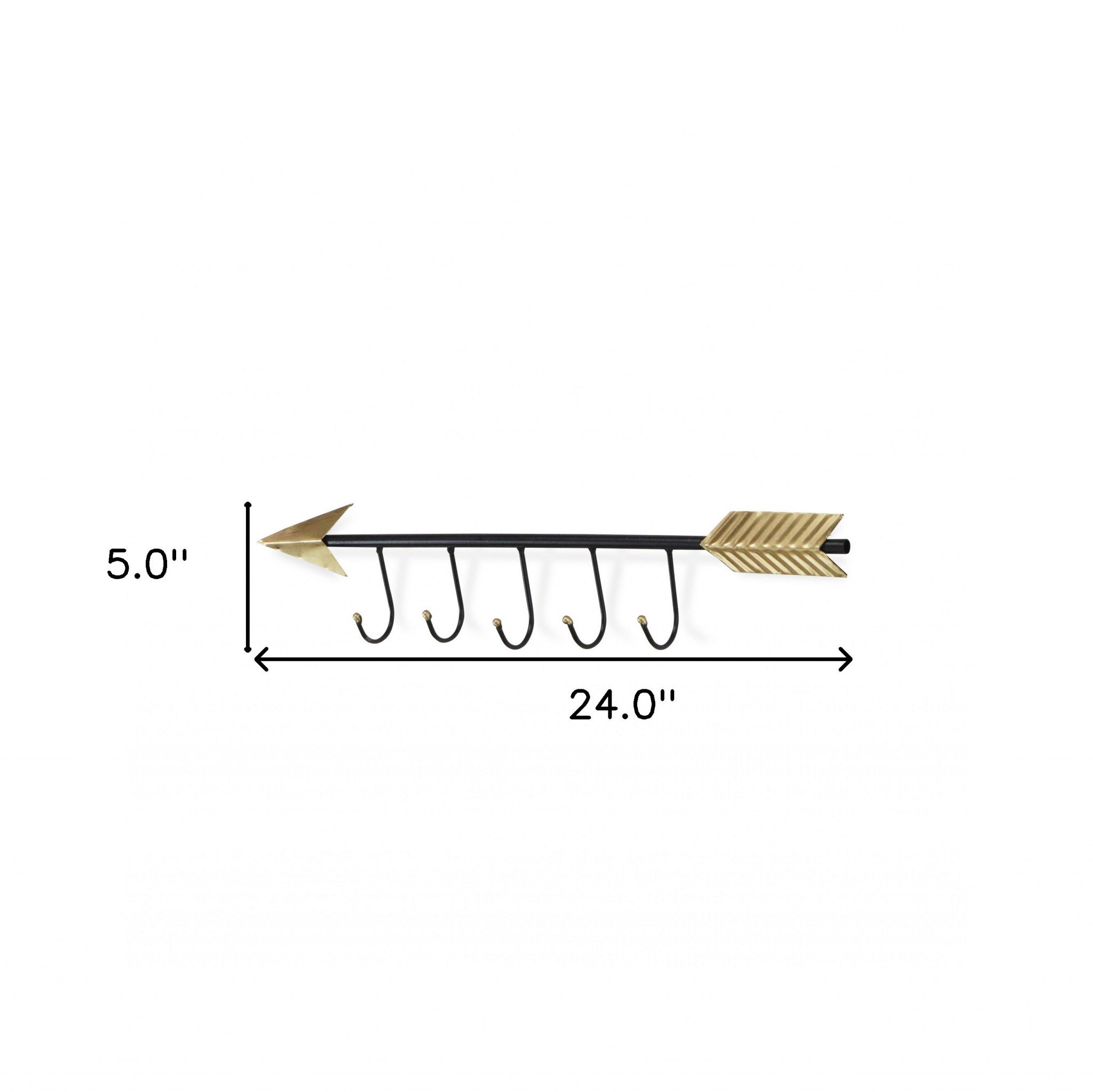 Black And Gold Metal Arrow Design Wall Decor With 5 Hanging Hooks | 5