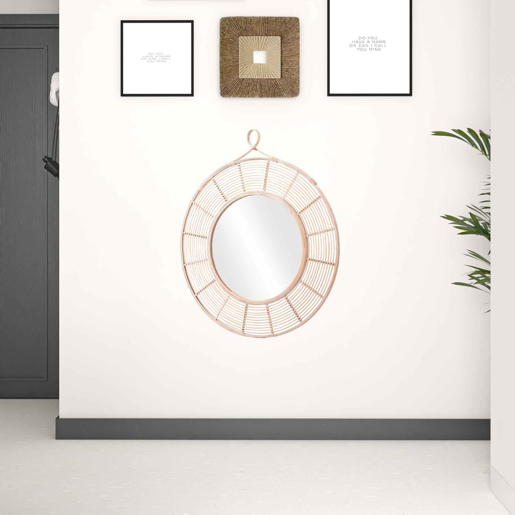 37 inch Natural Round Accent Wall Mirror Installed on Wall