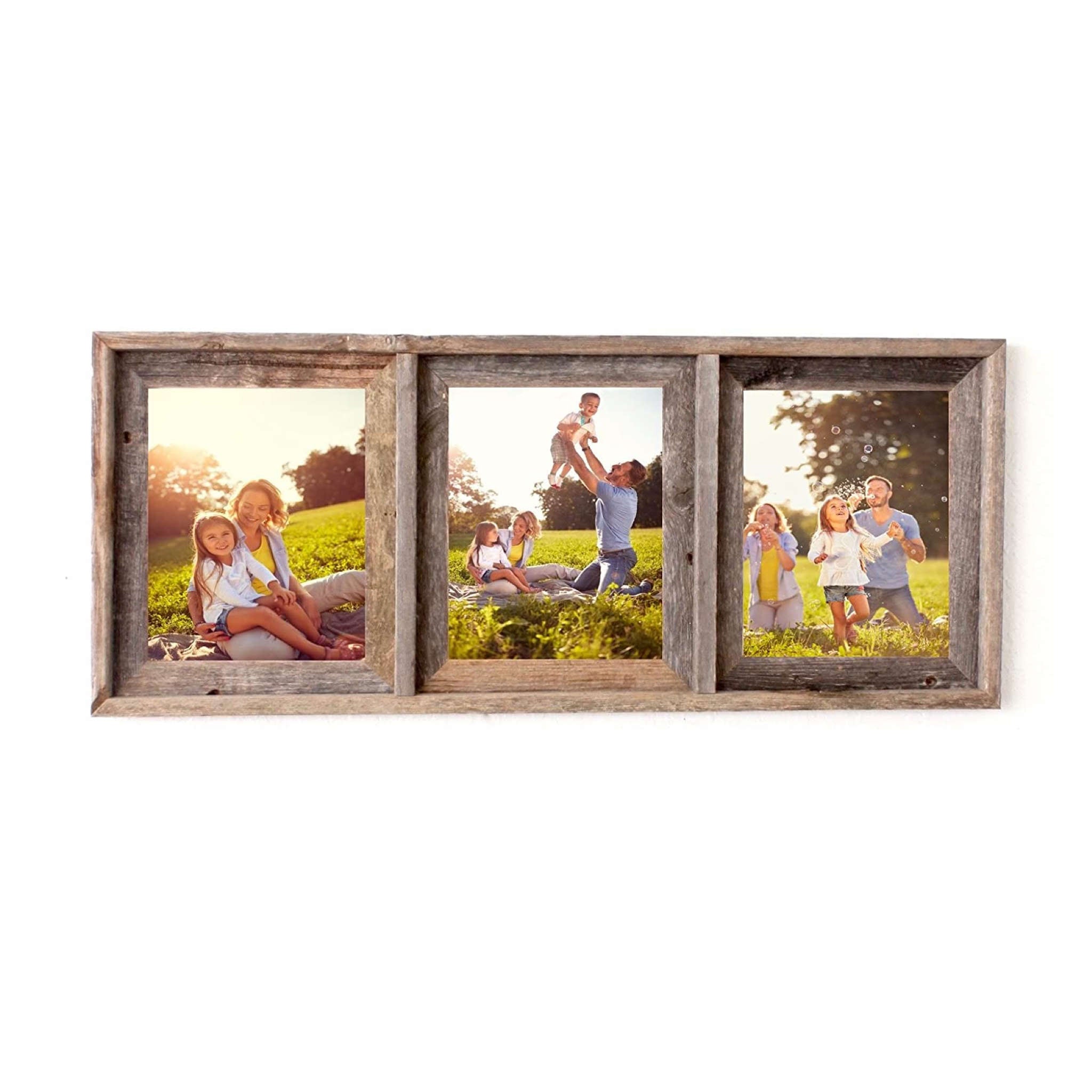 Three Photo Rustic Weathered Grey Wood Picture Frame With Plexiglass Holder | 8