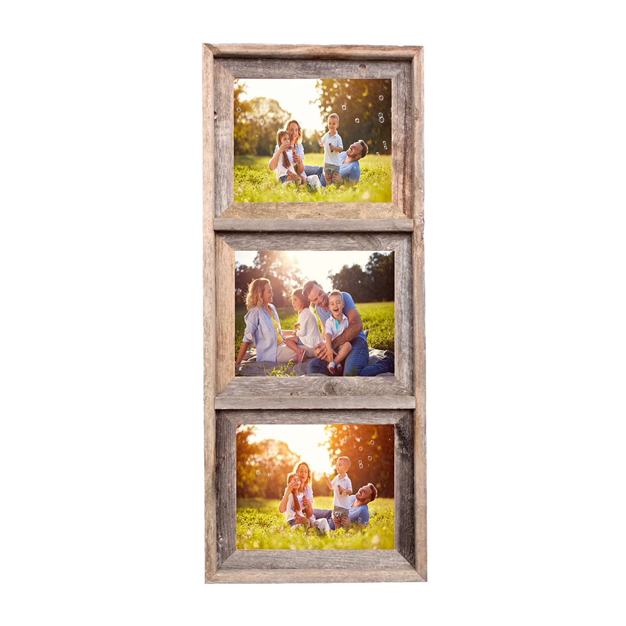 Three Photo Rustic Weathered Grey Wood Picture Frame With Plexiglass Holder | 8