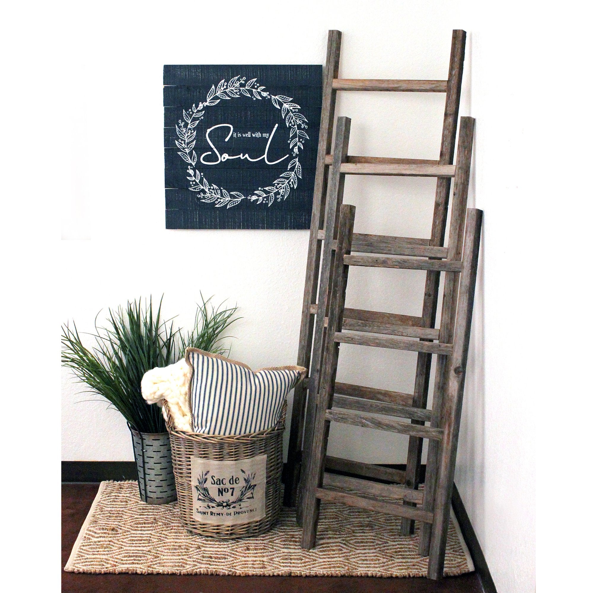 6 Step Rustic Smoky Black Wood Ladder Shelf | 15