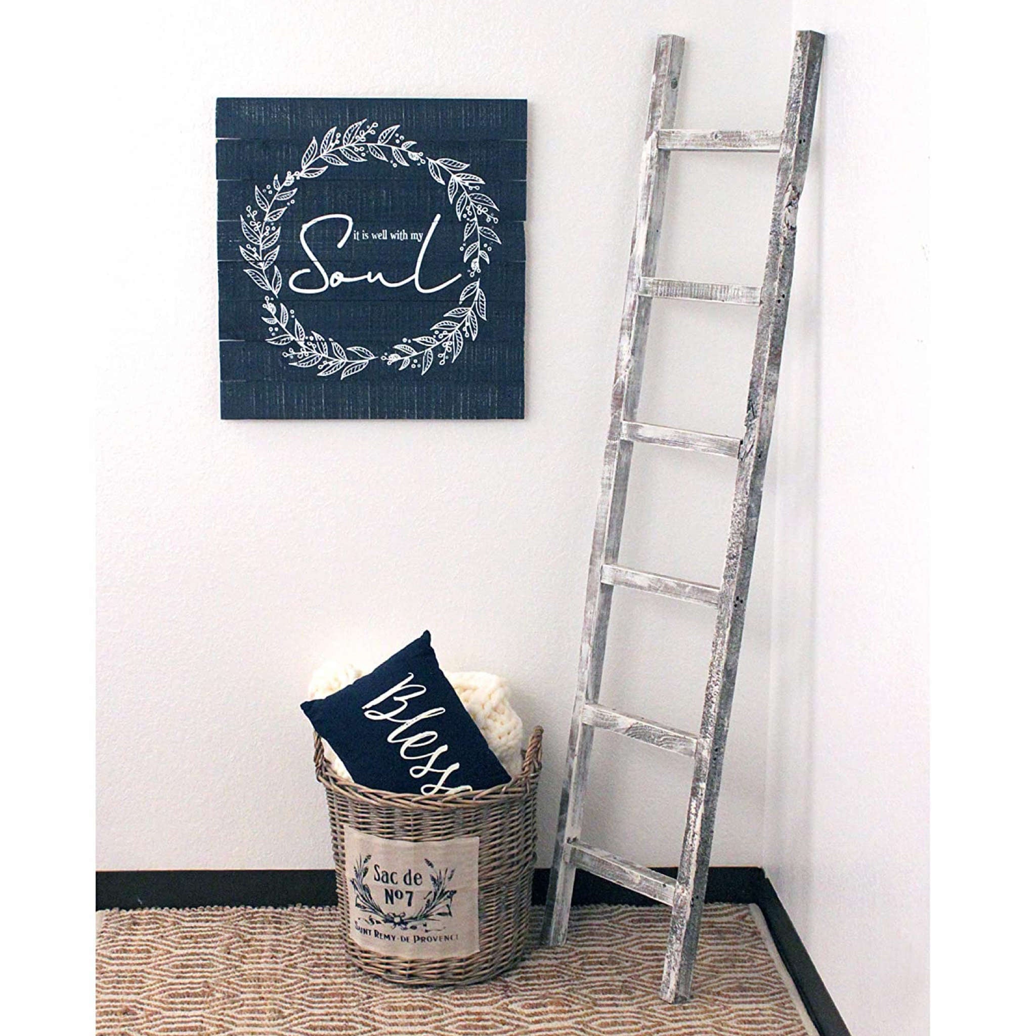 6 Step Rustic White Wash Wood Ladder Shelf | 16