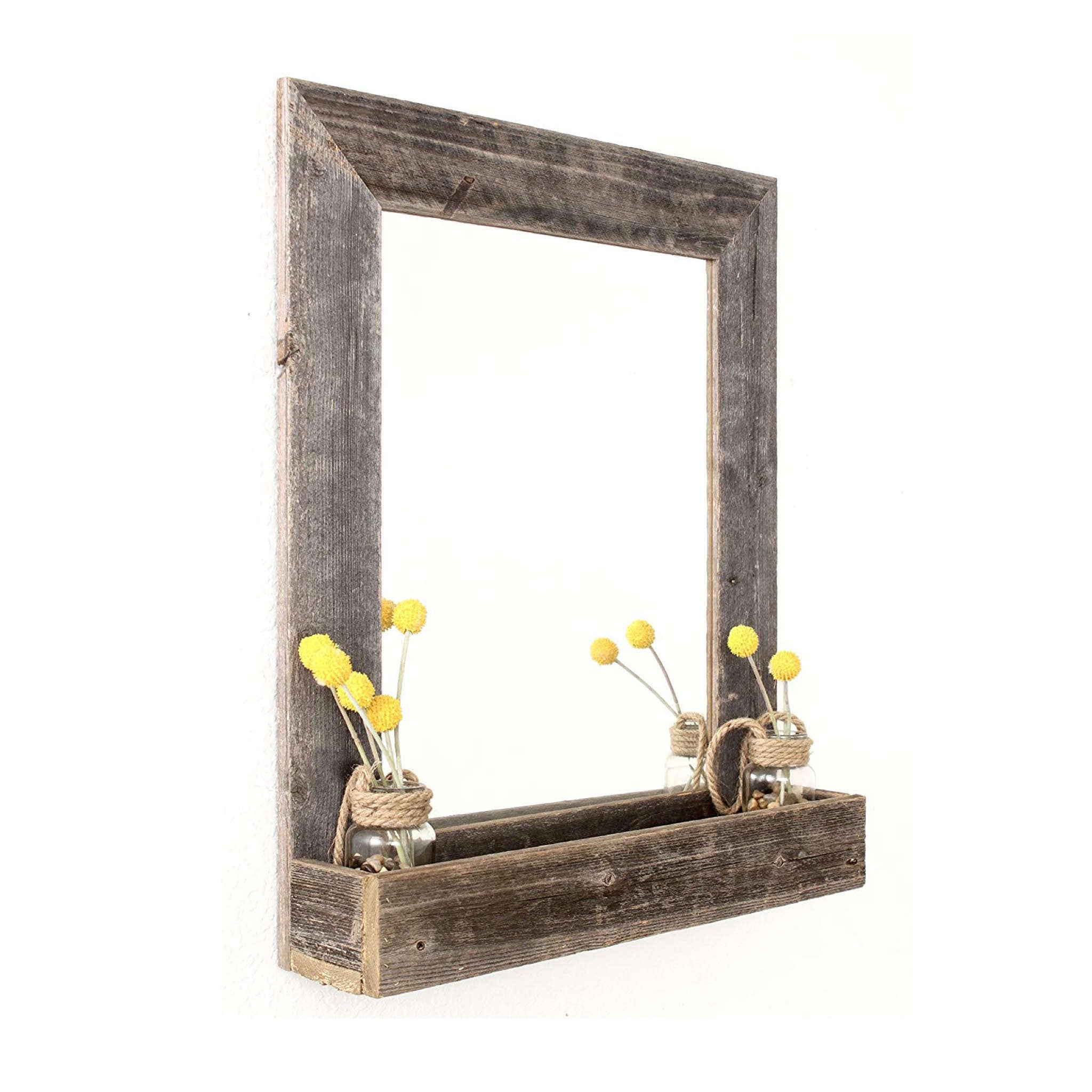 Rustic Weathered Gray Reclaimed Wood Plank Wall Mirror with Shelf | 23