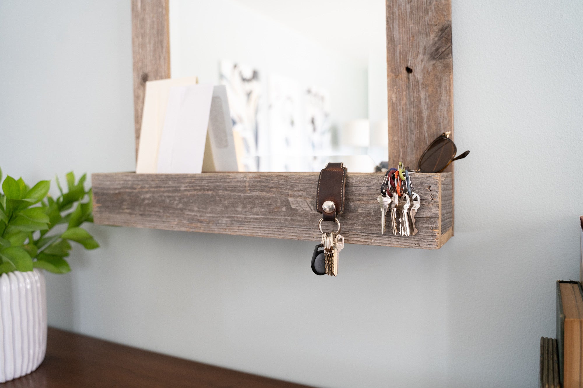 Rustic Weathered Gray Reclaimed Wood Plank Wall Mirror with Shelf | 23