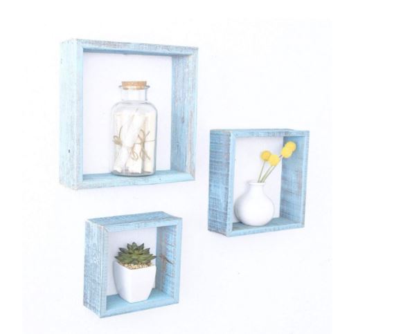 Set Of 3 Square Robins Egg Blue Reclaimed Wood Open Box Shelves | Each 12