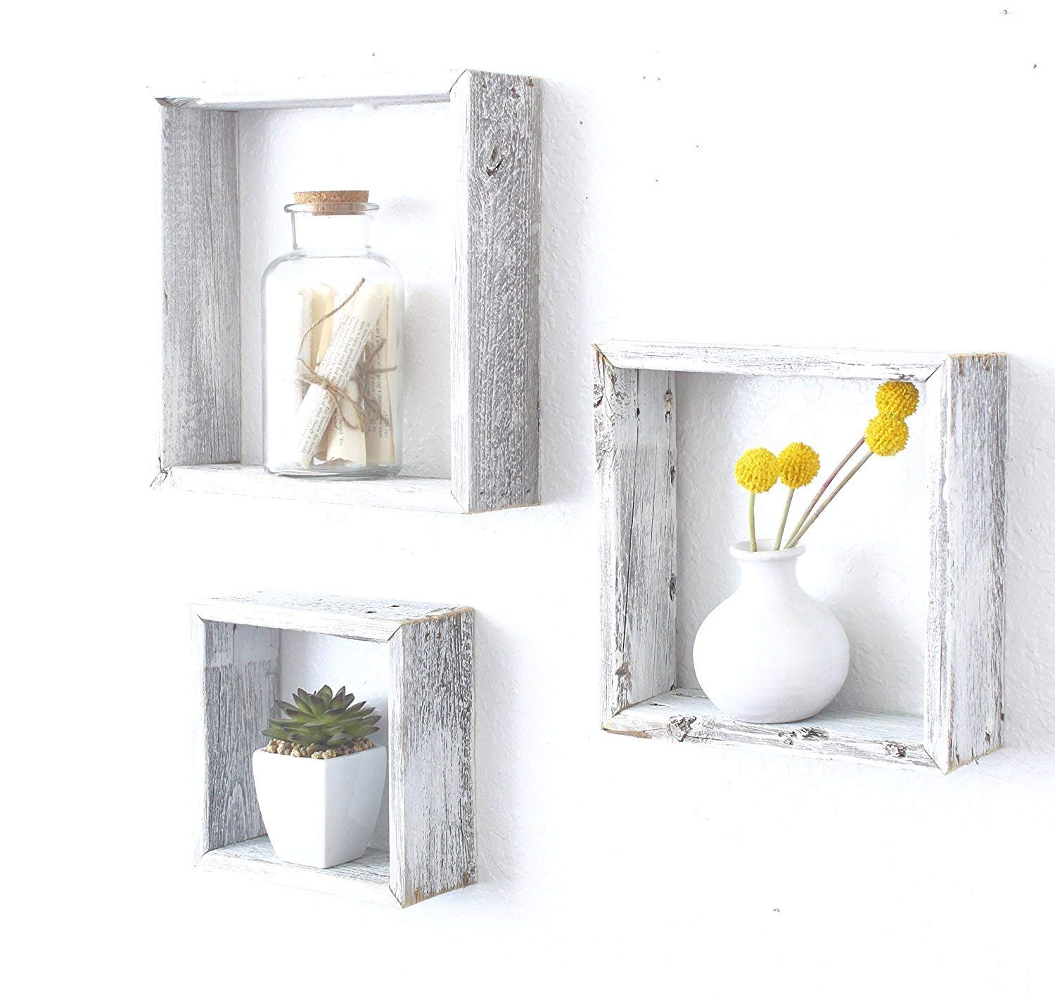 Set Of 3 Square Rustic White Wash Wood Open Box Shelves | Each 12