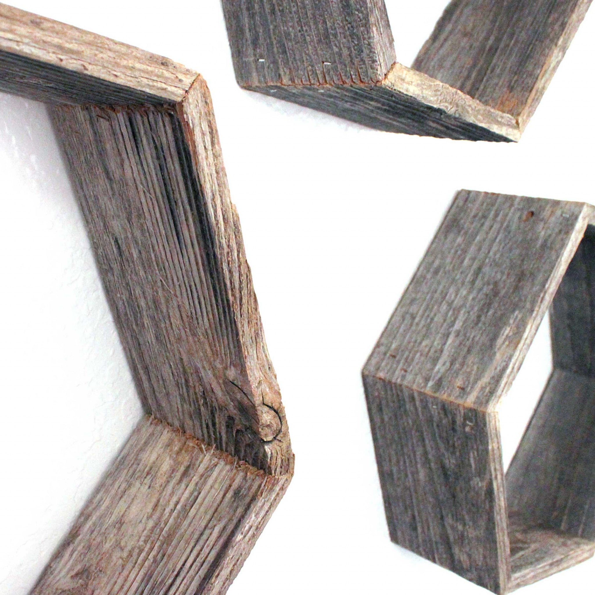 Set Of 3 Hexagon Rustic Natural Weathered Grey Wood Open Box Shelves | Each 8