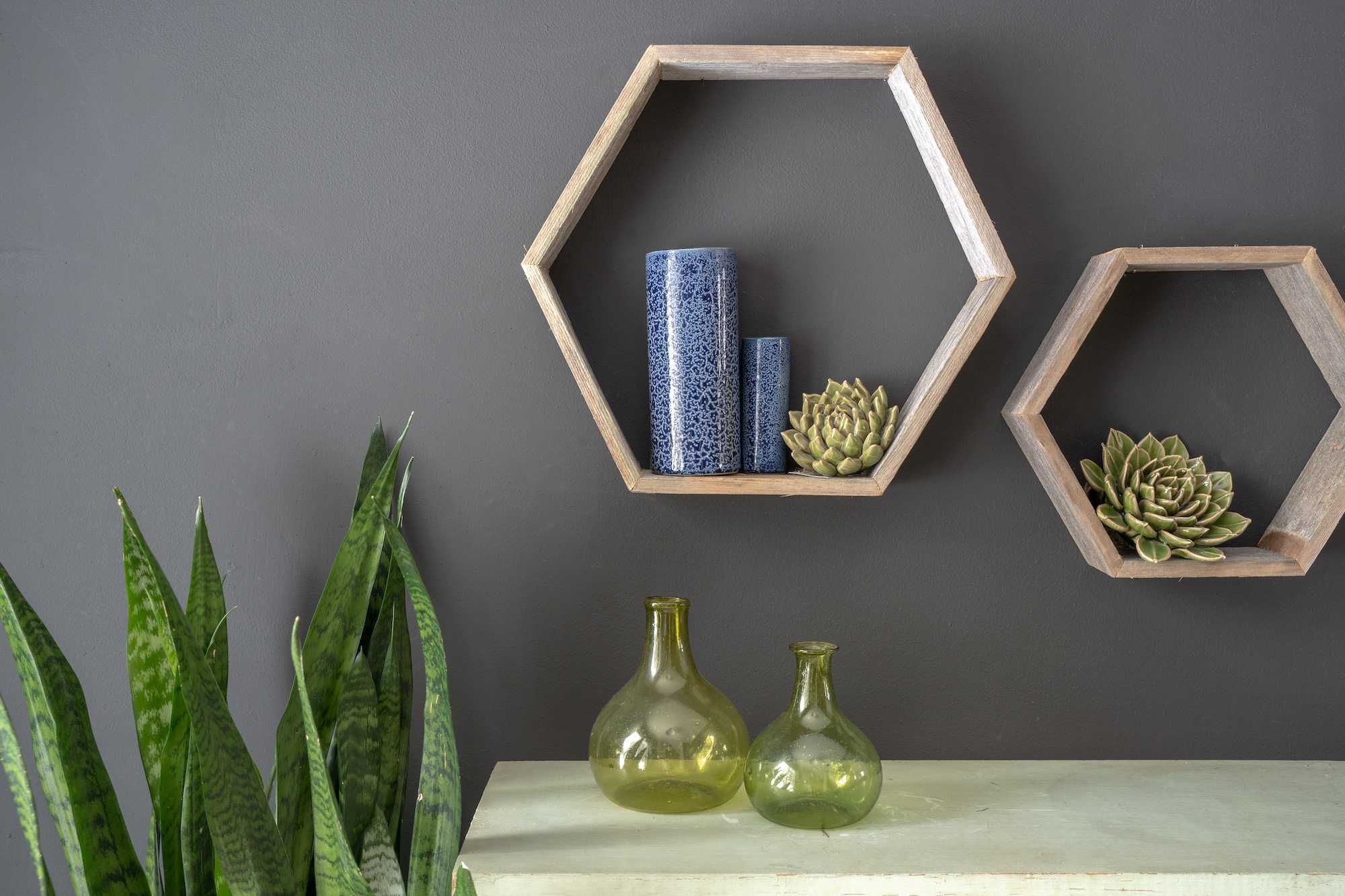 Set Of 3 Hexagon Rustic Natural Weathered Grey Wood Open Box Shelves | Each 8