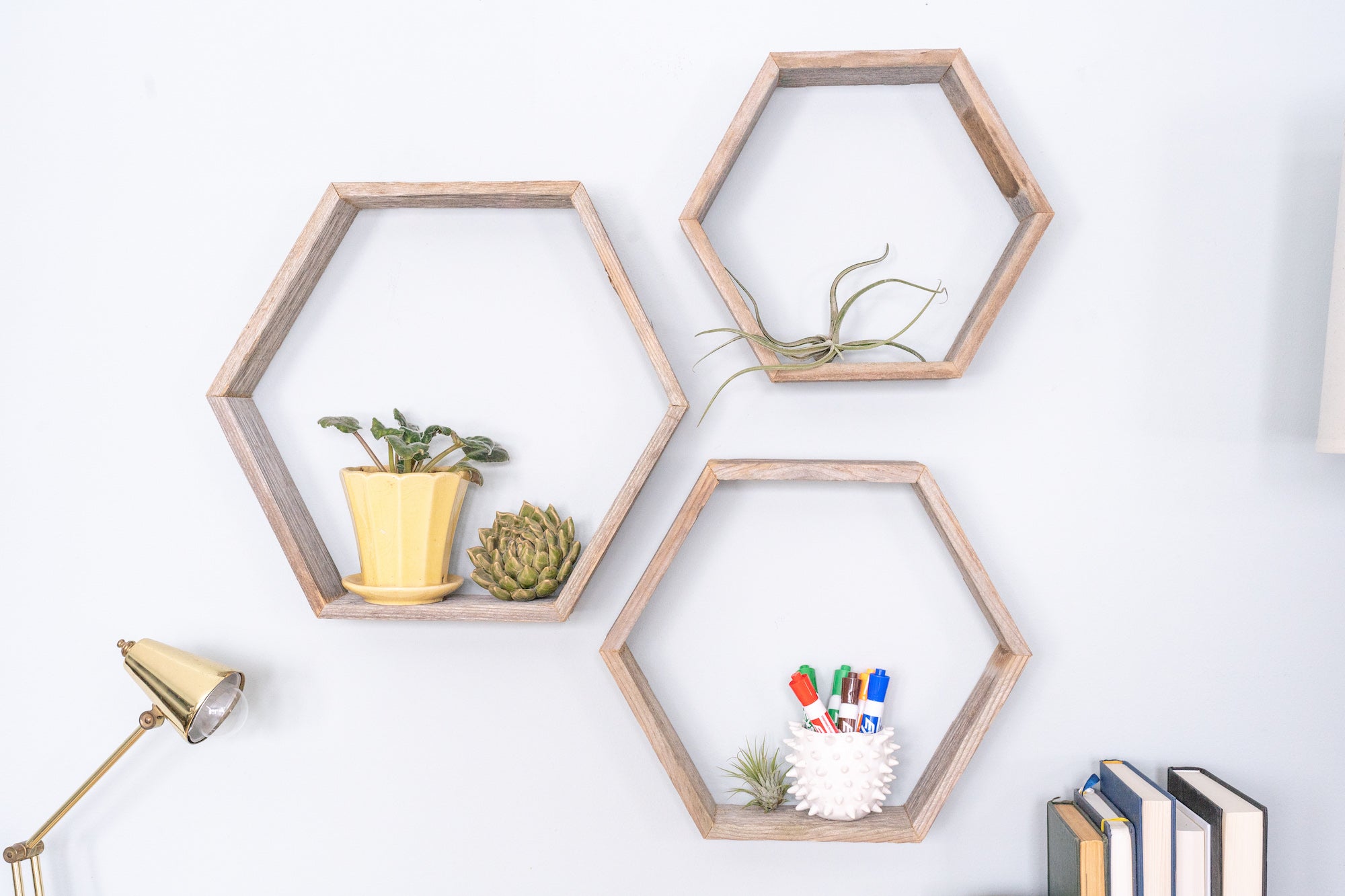 Set Of 3 Hexagon Rustic Natural Weathered Grey Wood Open Box Shelves | Each 8