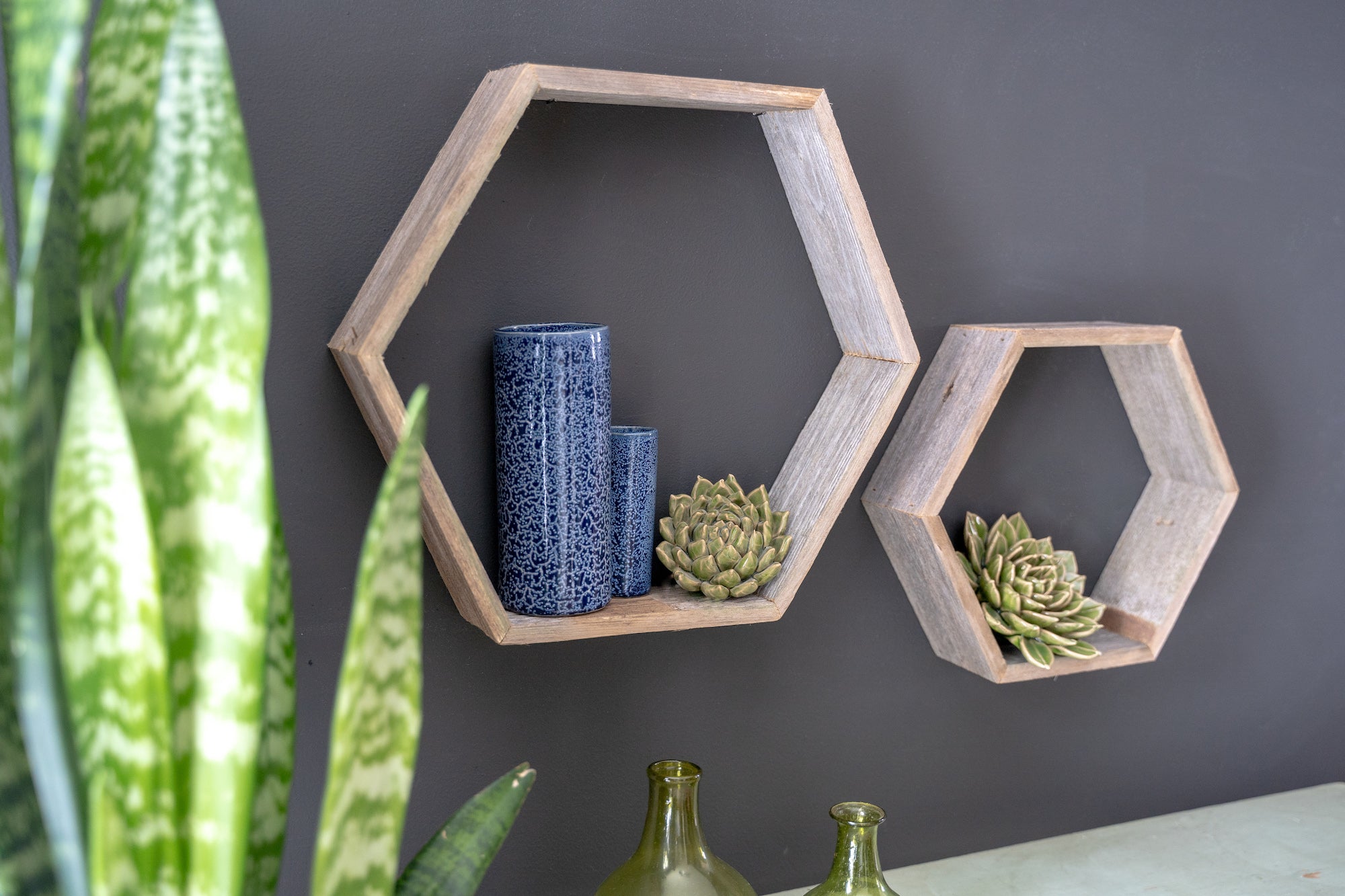 Set Of 3 Hexagon Rustic Natural Weathered Grey Wood Open Box Shelves | Each 8